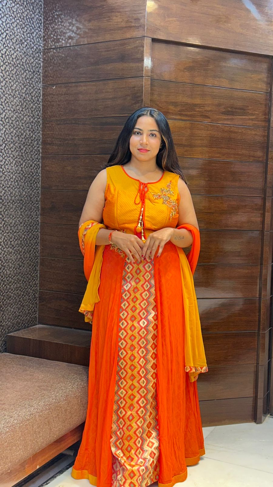 ethnic look one piece designer raw silk orange  indo western