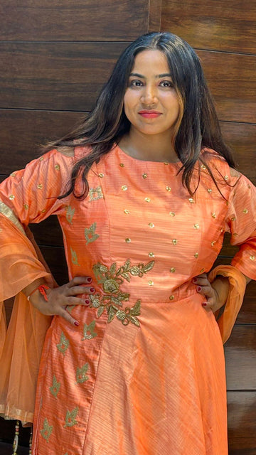 beautiful tapeda silk zari zardosi work orange color anarkali suit