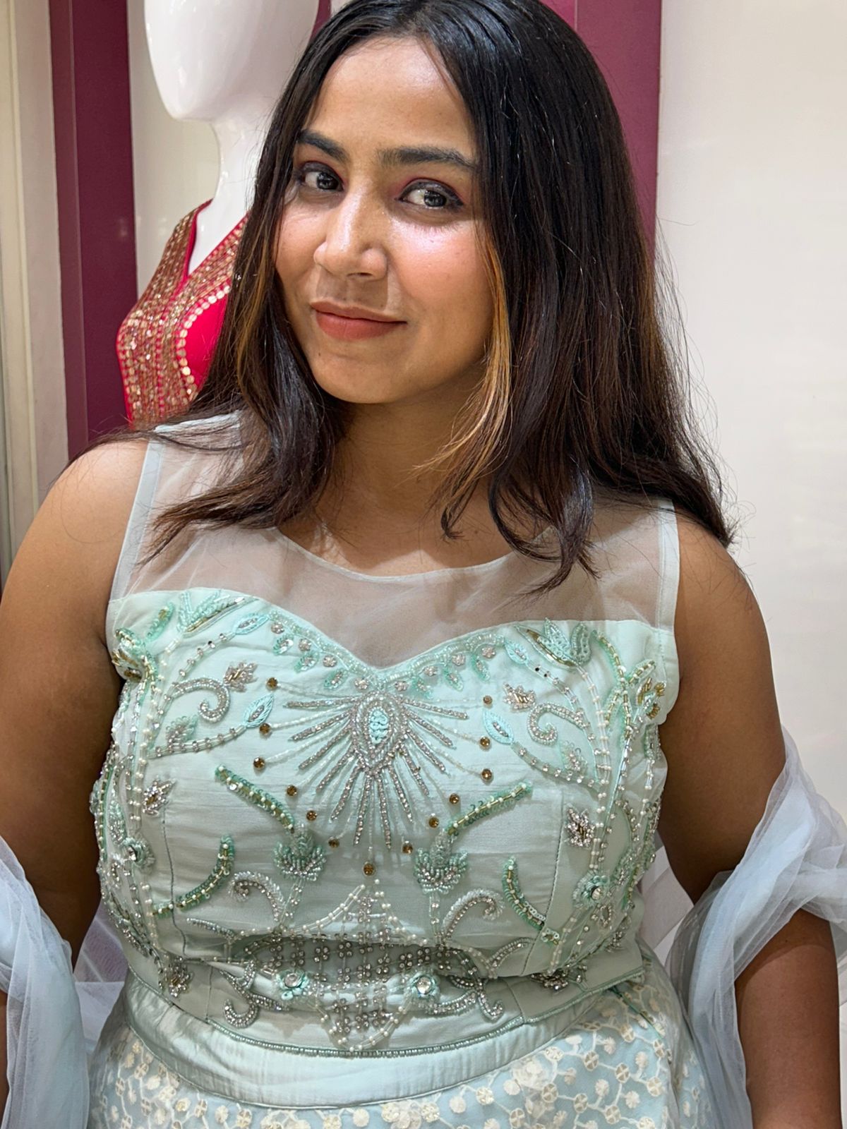 Chicken thread work lehenga With Designer Glass Sequence Motifs Top