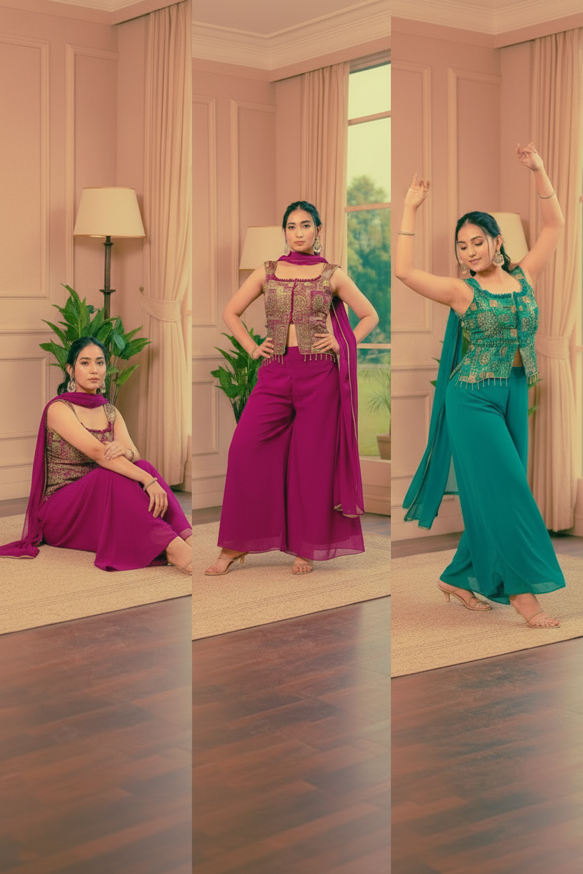 Designer indo western dress with banarasi short choli with extra seleves