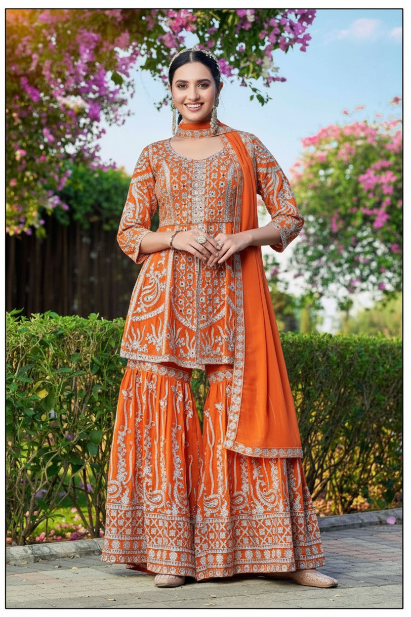 partywear georgette peplon top with zari thread work sharara bottom