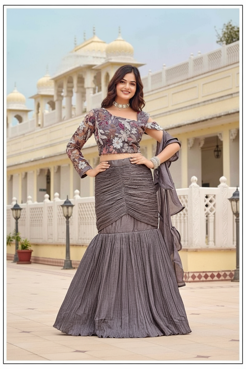 Designer fish cut lehenga pearl sequence motifs top with ruffle dupatta