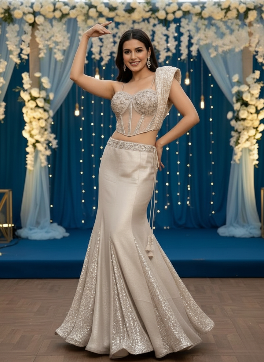 Designer partywear stylish and beautiful fish cut cord top lehenga