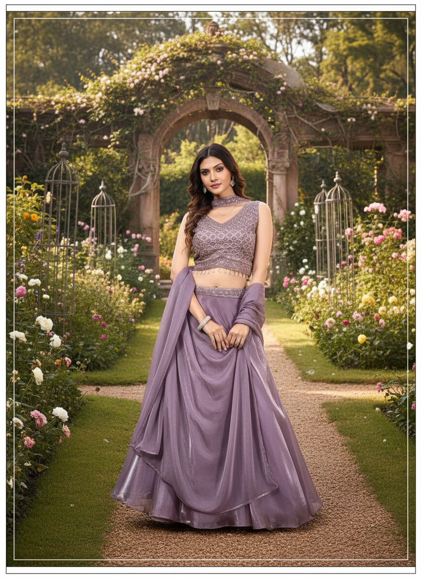 zimmi chu lavender light wieght embroidered top with lehenga