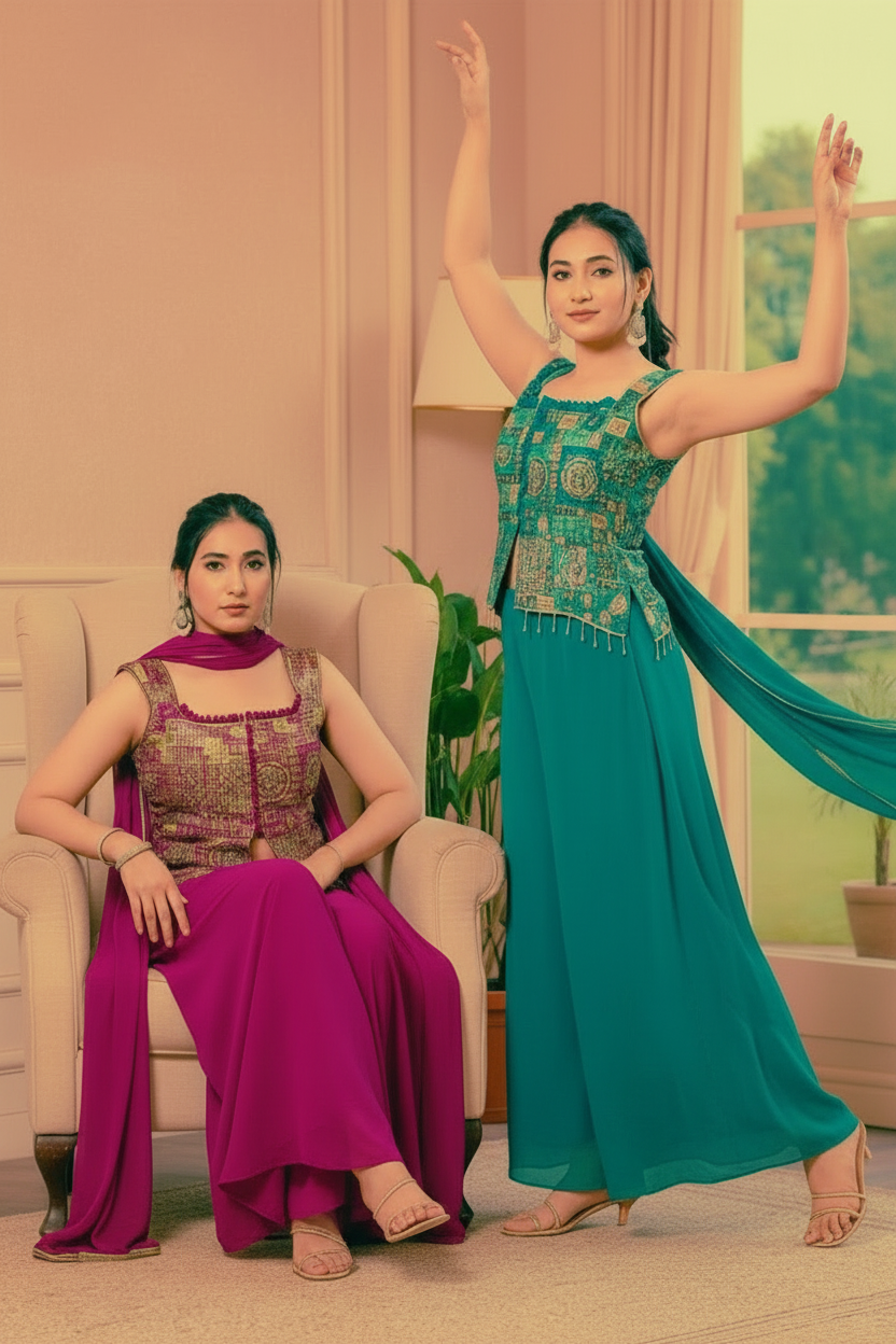 Designer indo western dress with banarasi short choli with extra seleves