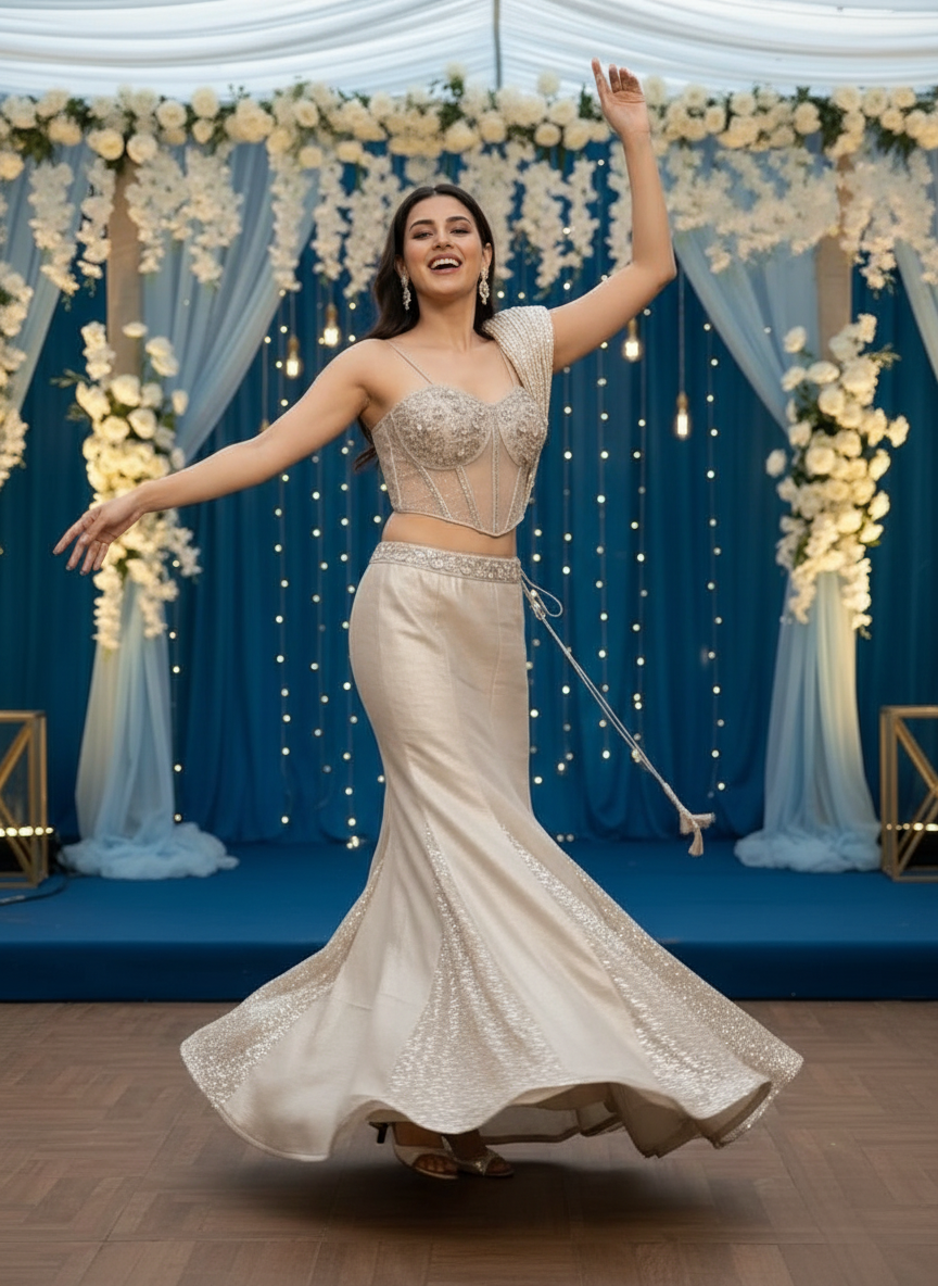 Designer partywear stylish and beautiful fish cut cord top lehenga