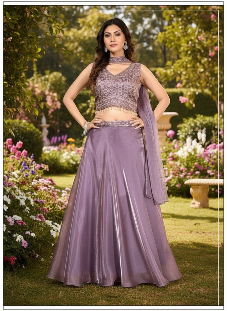 zimmi chu lavender light wieght embroidered top with lehenga