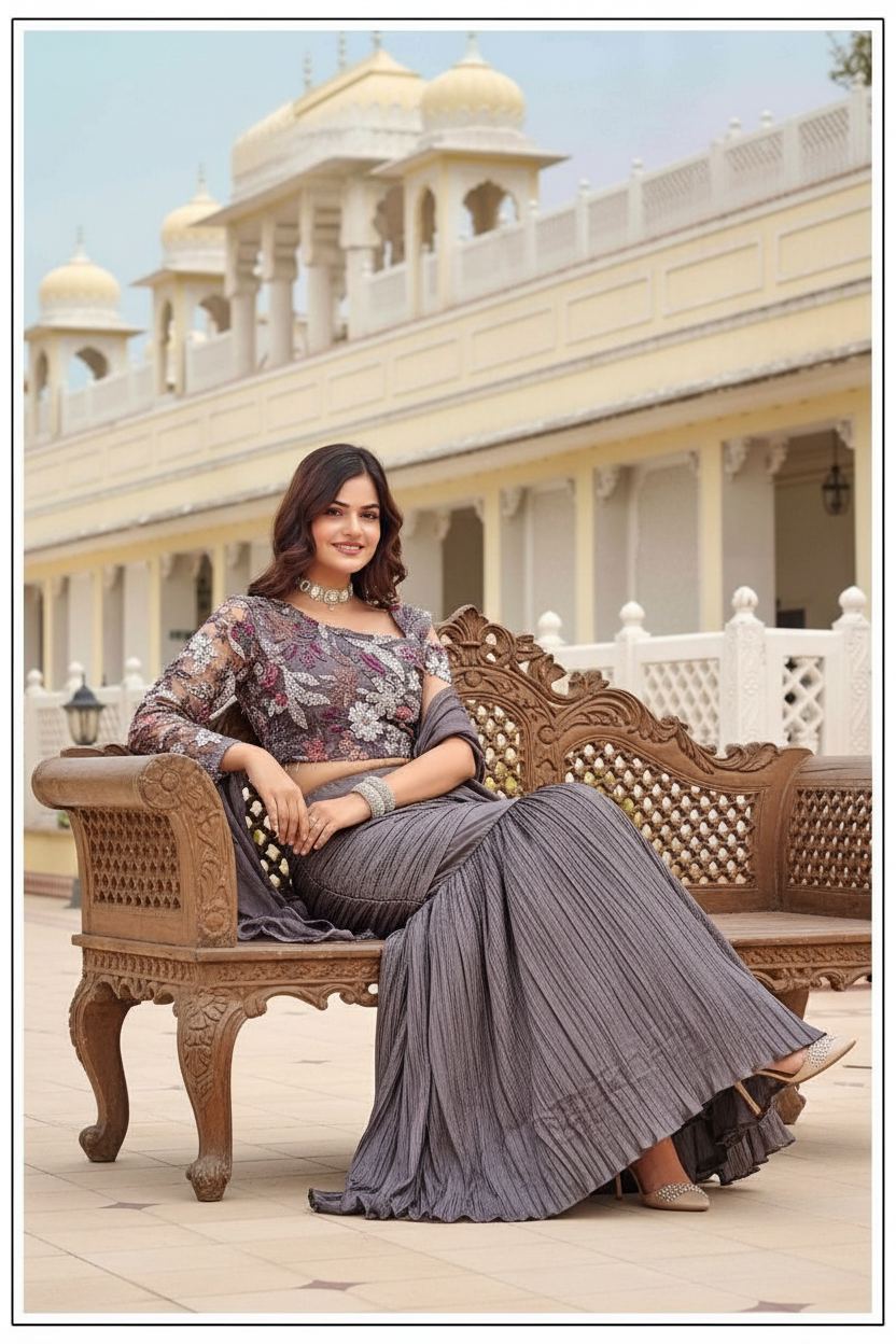 Designer fish cut lehenga pearl sequence motifs top with ruffle dupatta