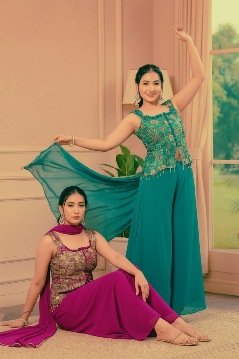 Designer indo western dress with banarasi short choli with extra seleves