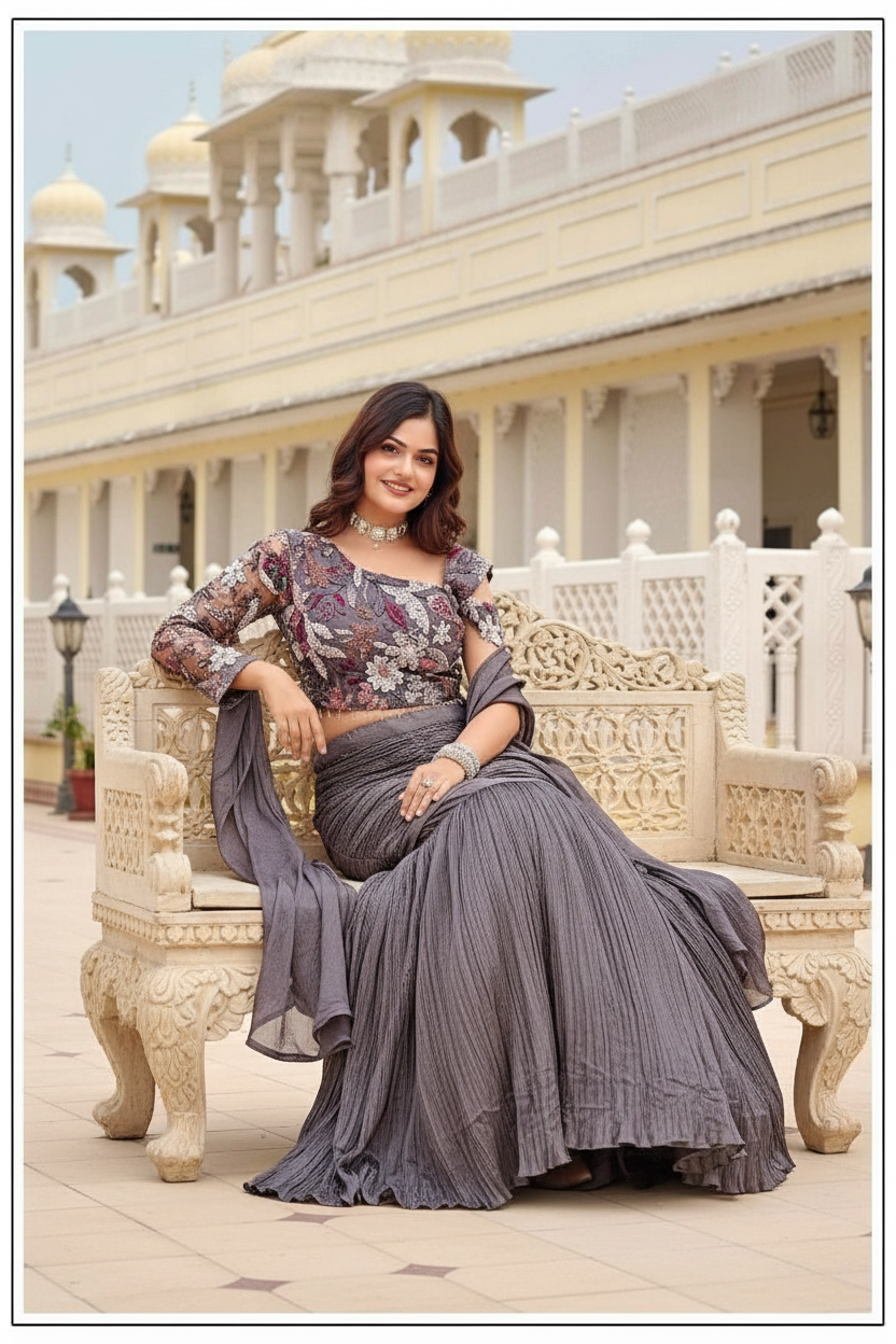 Designer fish cut lehenga pearl sequence motifs top with ruffle dupatta