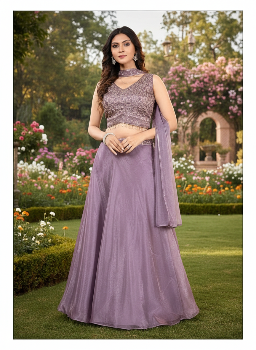 zimmi chu lavender light wieght embroidered top with lehenga