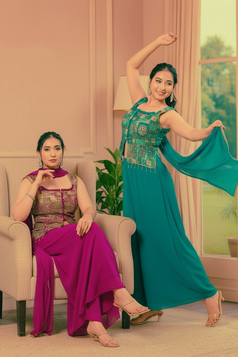 Designer indo western dress with banarasi short choli with extra seleves