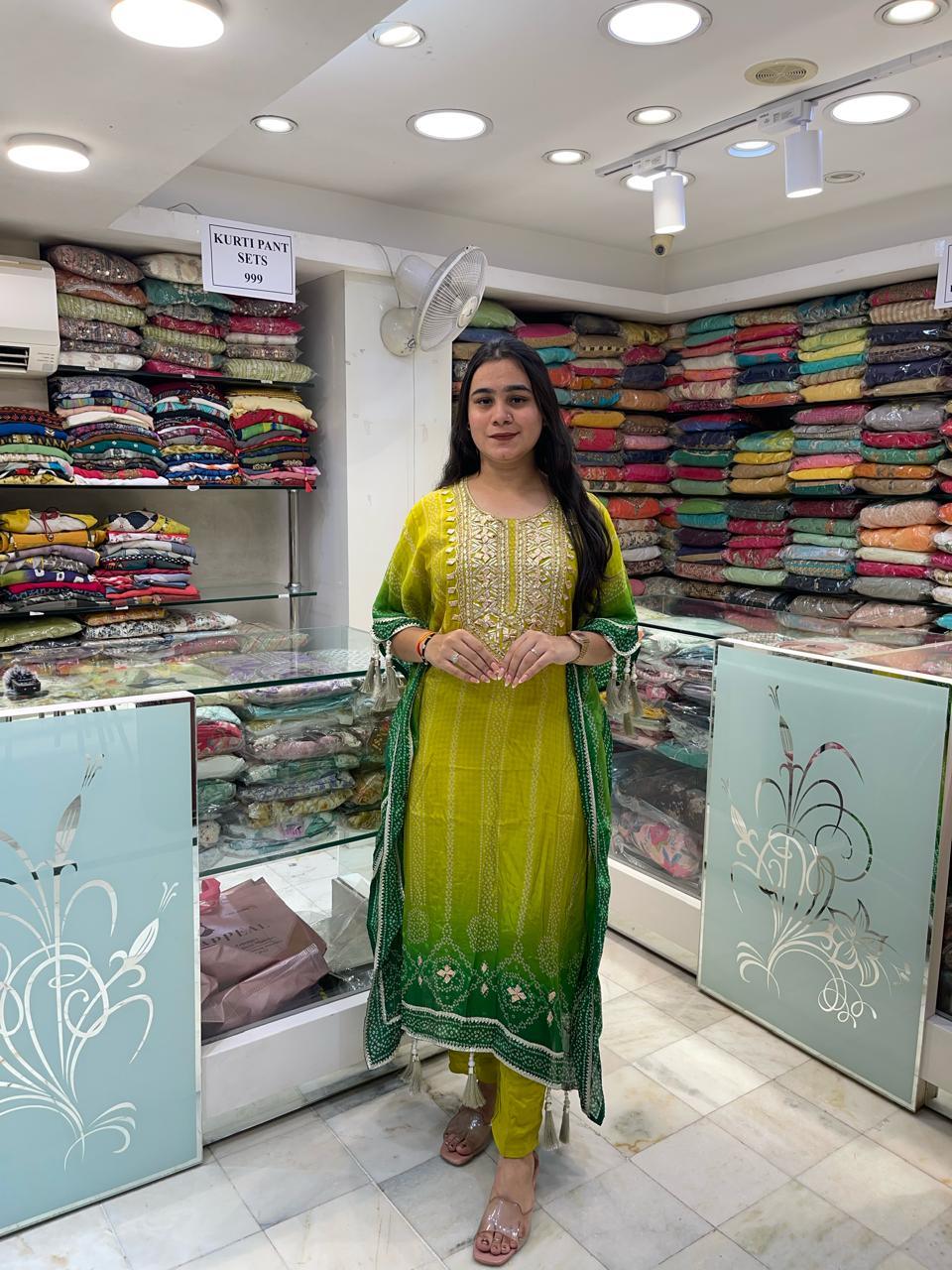 Green Bhandni Style Rajasthan Print Shaded Kaftaan On Crepe Silk