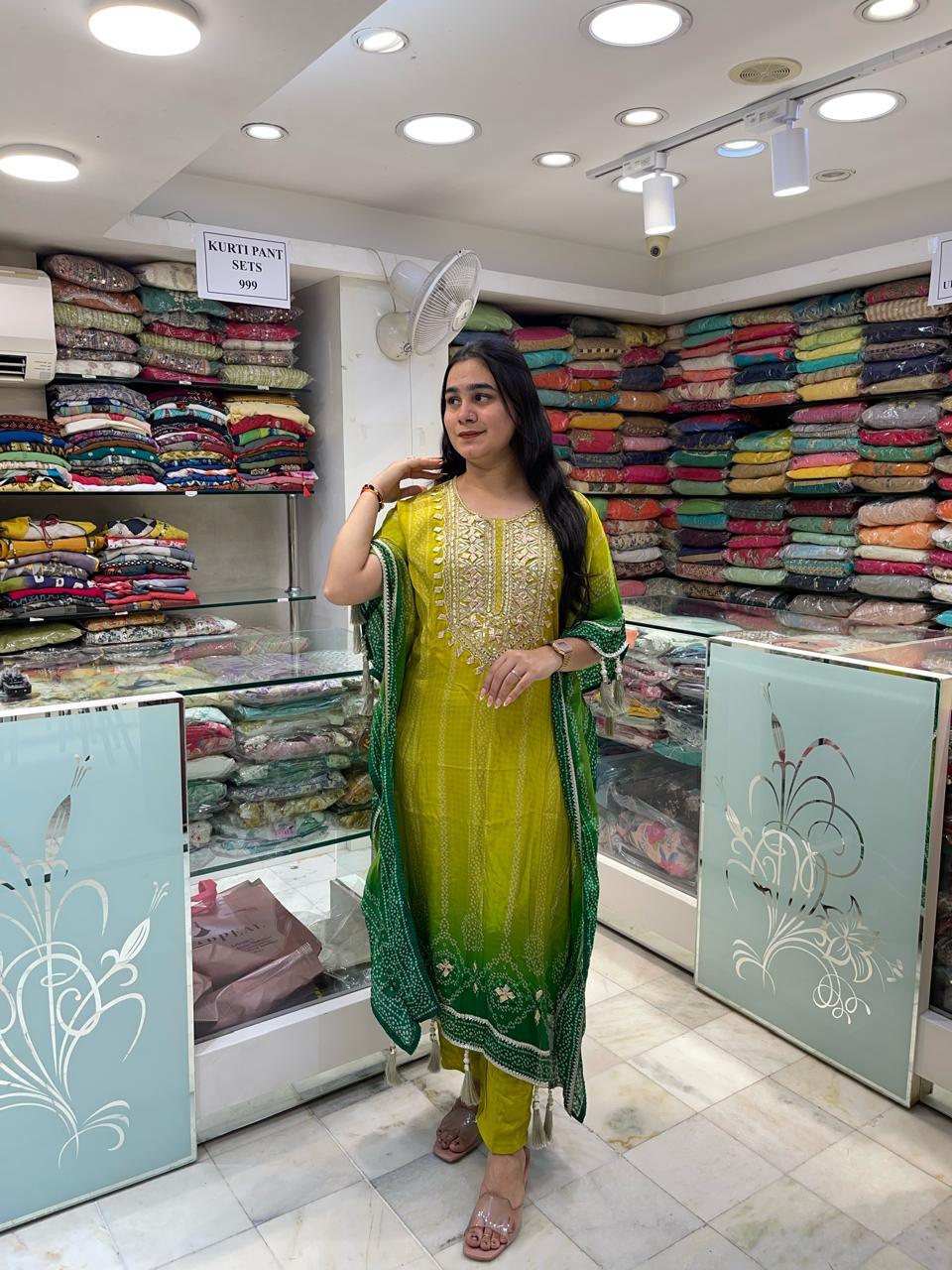 Green Bhandni Style Rajasthan Print Shaded Kaftaan On Crepe Silk