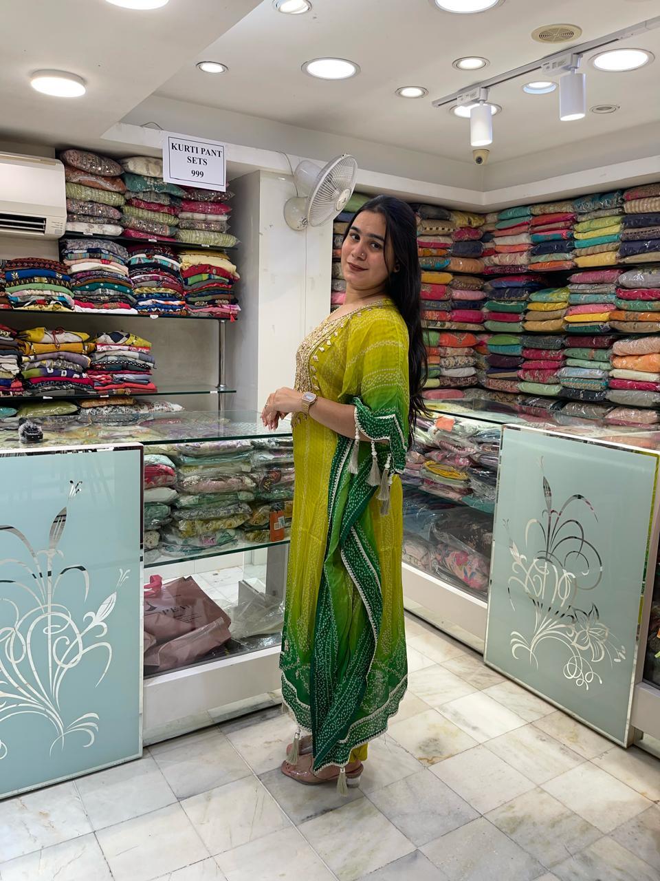 Green Bhandni Style Rajasthan Print Shaded Kaftaan On Crepe Silk