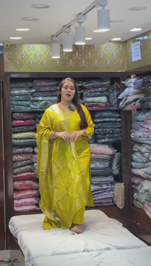 Partywear Pure Banarasi Dupatta Kurti Pant Set for Women