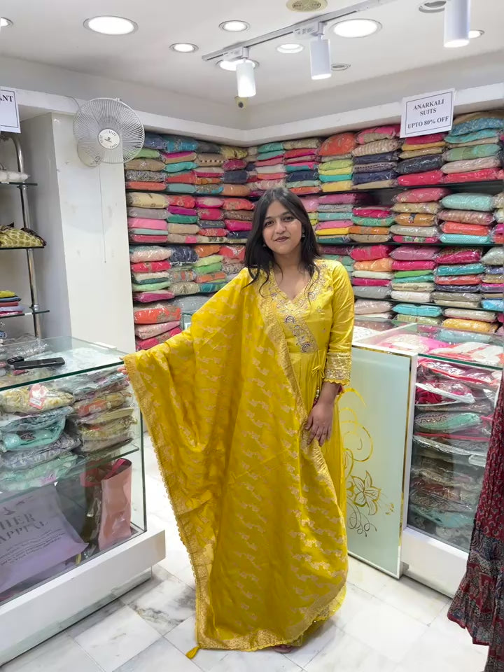 haldi party yellow banarasi dupatta long anarkali suit