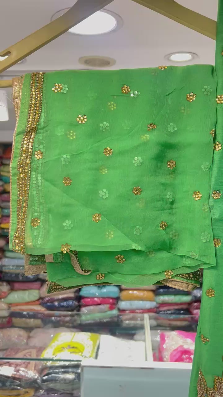 chanderi fabric with panel handwork in moti and zardosi
