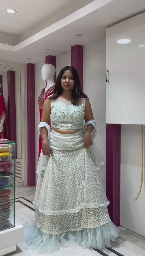 Chicken thread work lehenga With Designer Glass Sequence Motifs Top